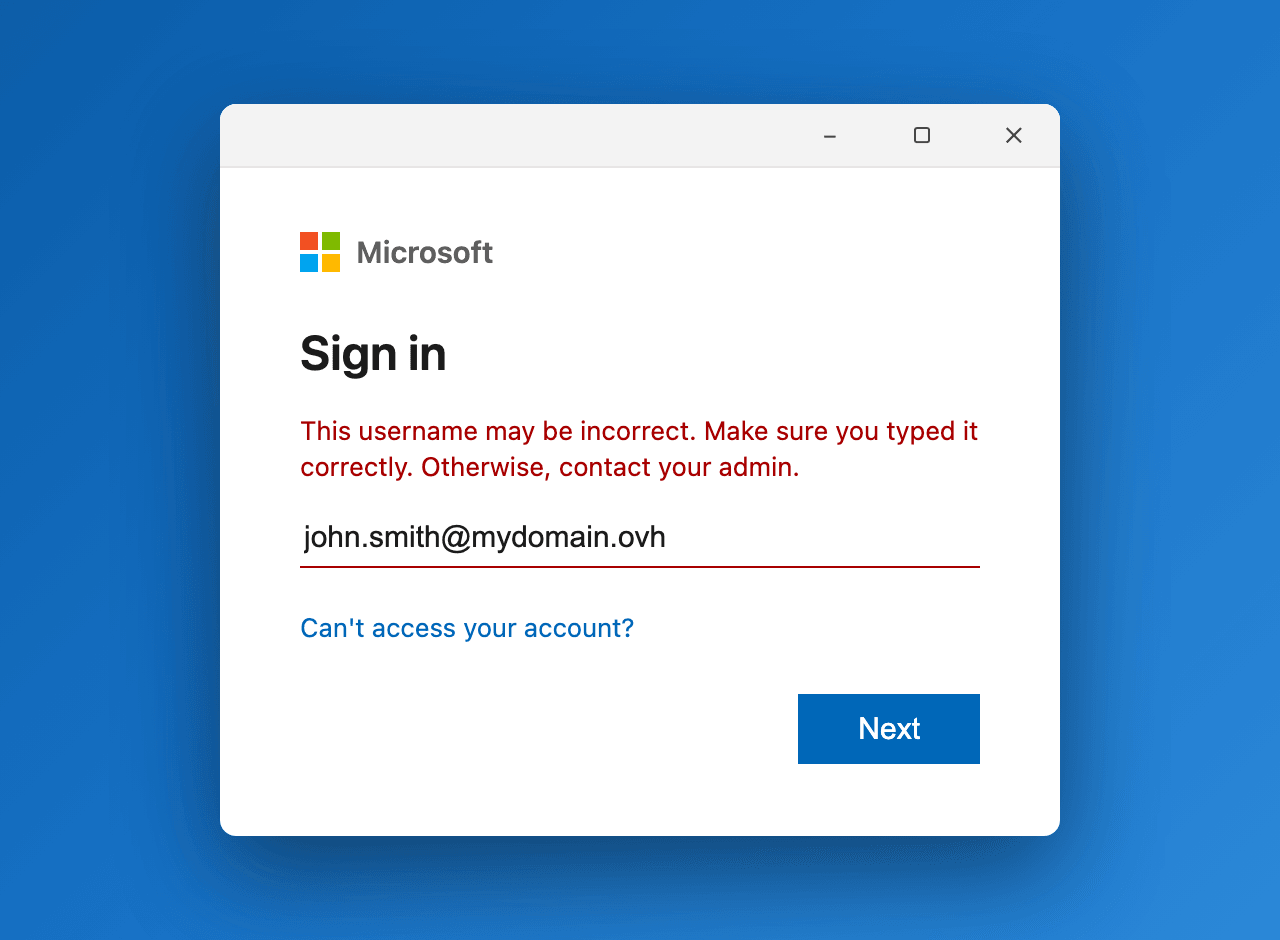 Rote Fehlermeldung 'Dieser Benutzername ist möglicherweise nicht korrekt' im Microsoft-Anmeldefenster