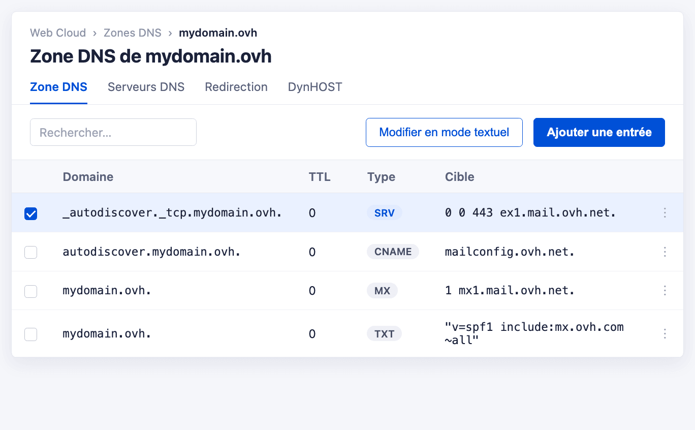 DNS-Zone der Domain im OVHcloud Kundencenter mit dem _autodiscover SRV-Eintrag