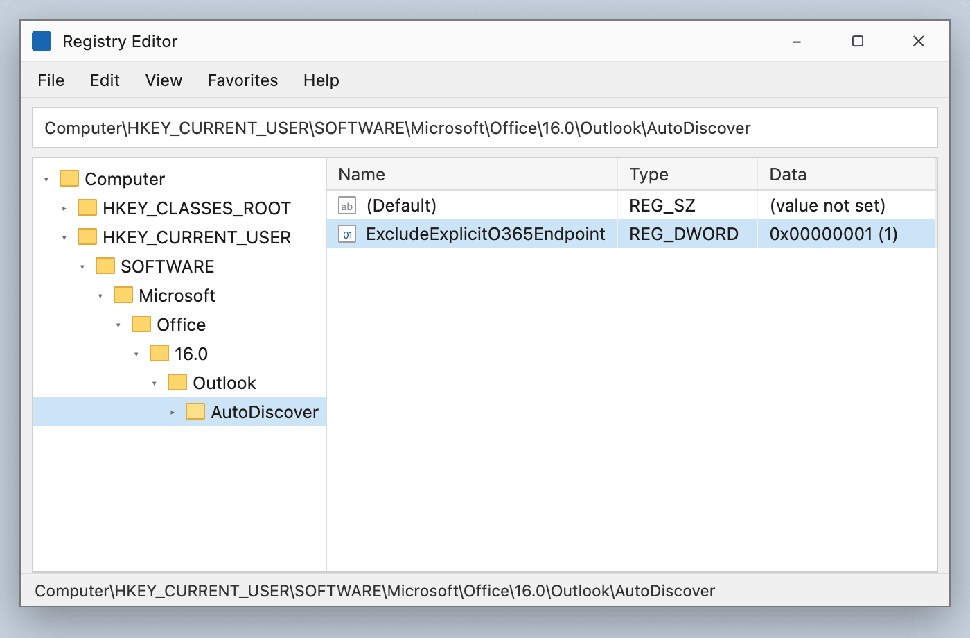 Windows-Registrierungs-Editor mit dem auf 1 gesetzten Wert ExcludeExplicitO365Endpoint