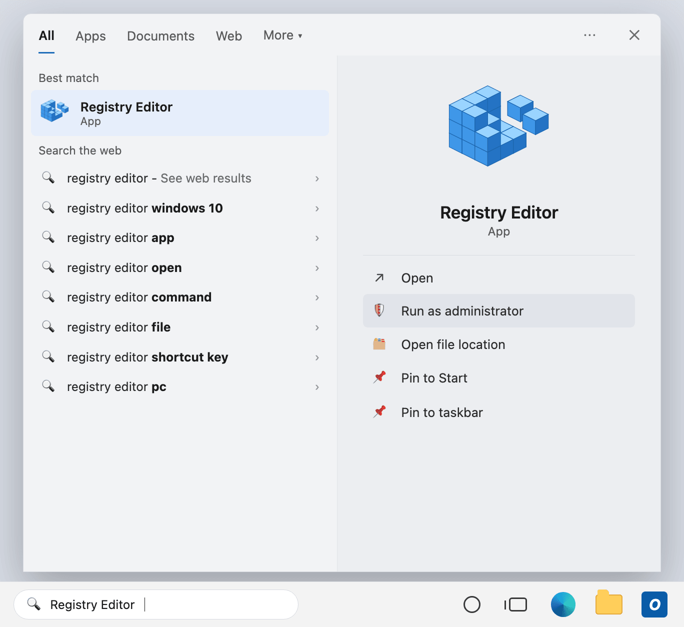 Windows-Suche mit der Anwendung Registrierungs-Editor und der Option Als Administrator ausführen