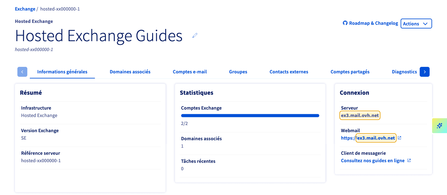 Exchange server name in the OVHcloud Control Panel, General information tab