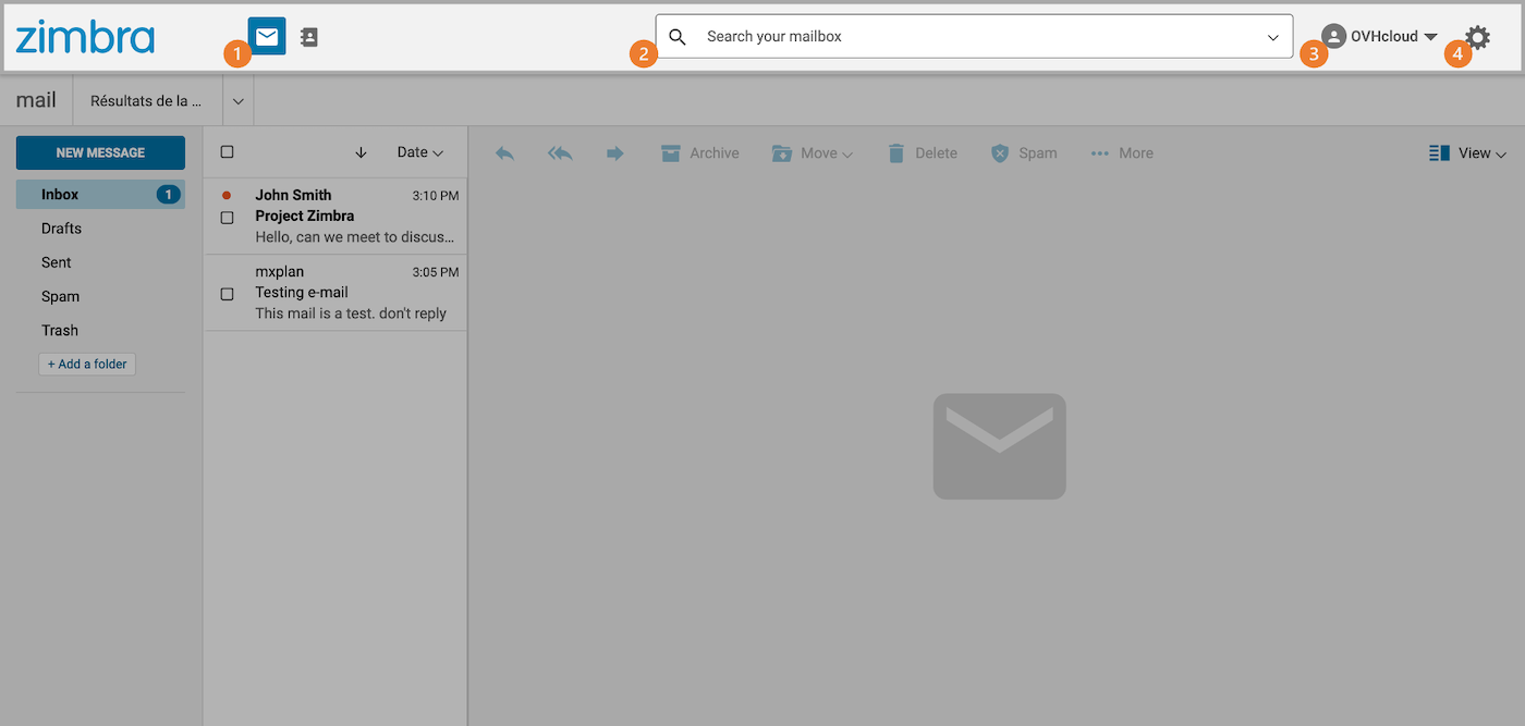 Zimbra - menu supérieur