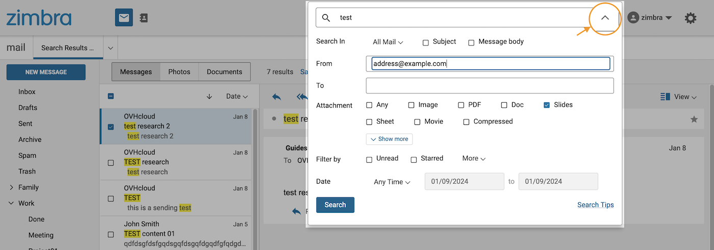 Zimbra - recherche avancée