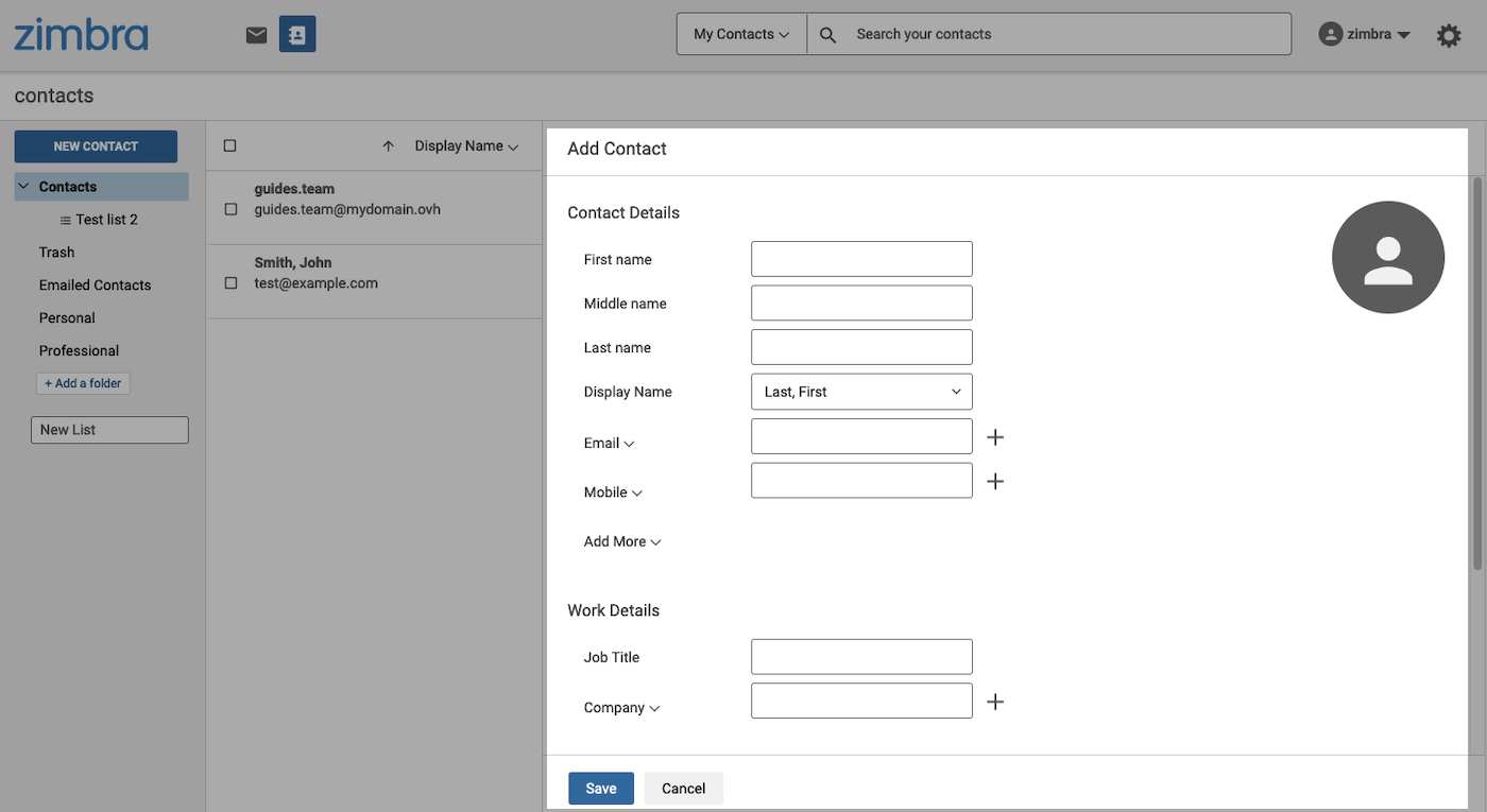 Zimbra - nouveau contact