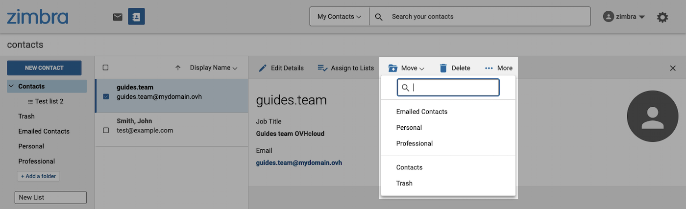 Zimbra - dossiers de contacts