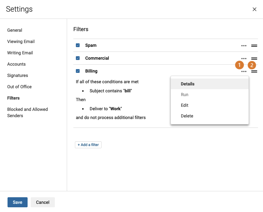 Zimbra - créer un filtre