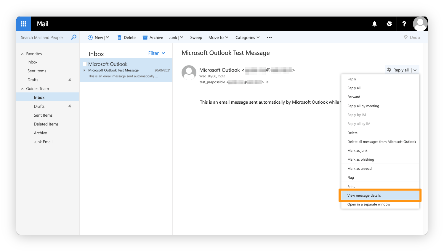 Nachrichtendetails in OWA
