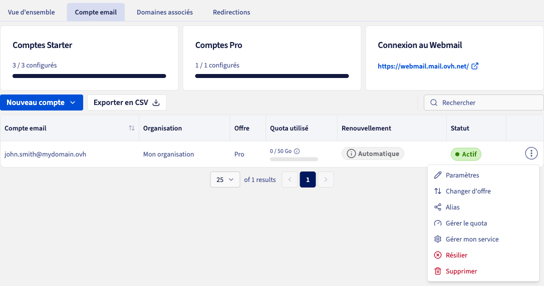 Liste des comptes Zimbra dans la console, menu Actions ouvert sur Gérer le quota