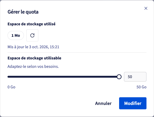 Fenêtre Gérer le quota de la console avec l'espace utilisé et le curseur