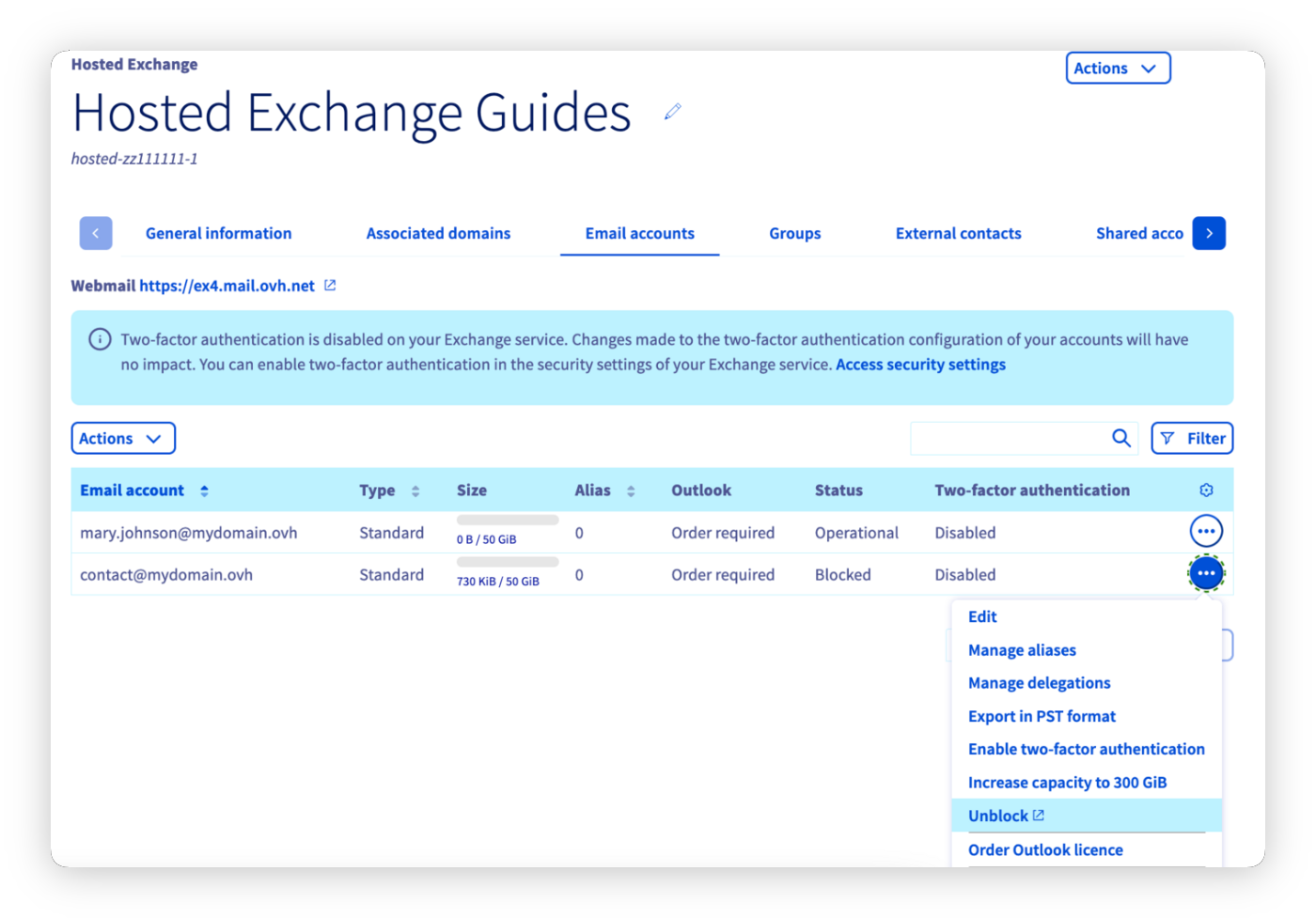 Kolumna status zablokowany w zakładce Konta e-mail Exchange