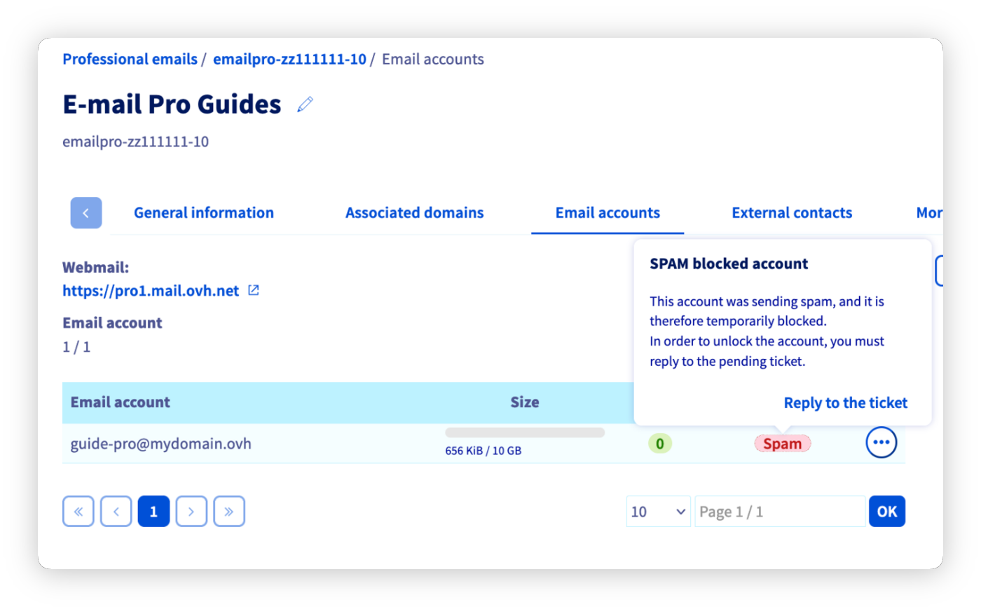 Kolumna status Spam w zakładce Konta e-mail E-mail Pro