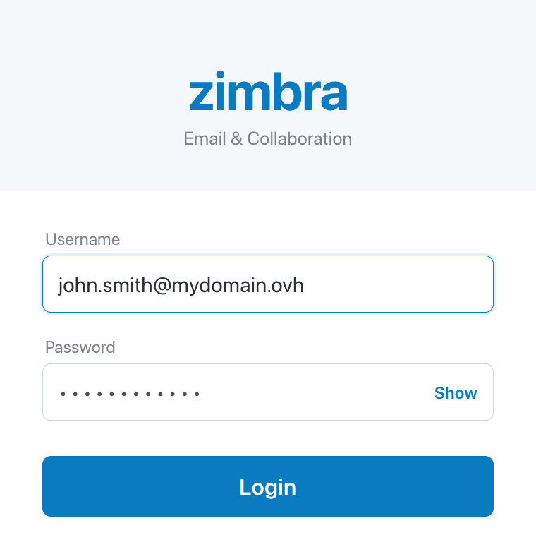 Zimbra app login screen