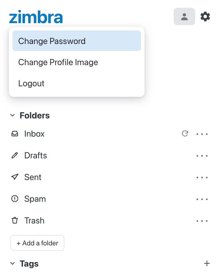 Zimbra app profile menu showing the Logout option