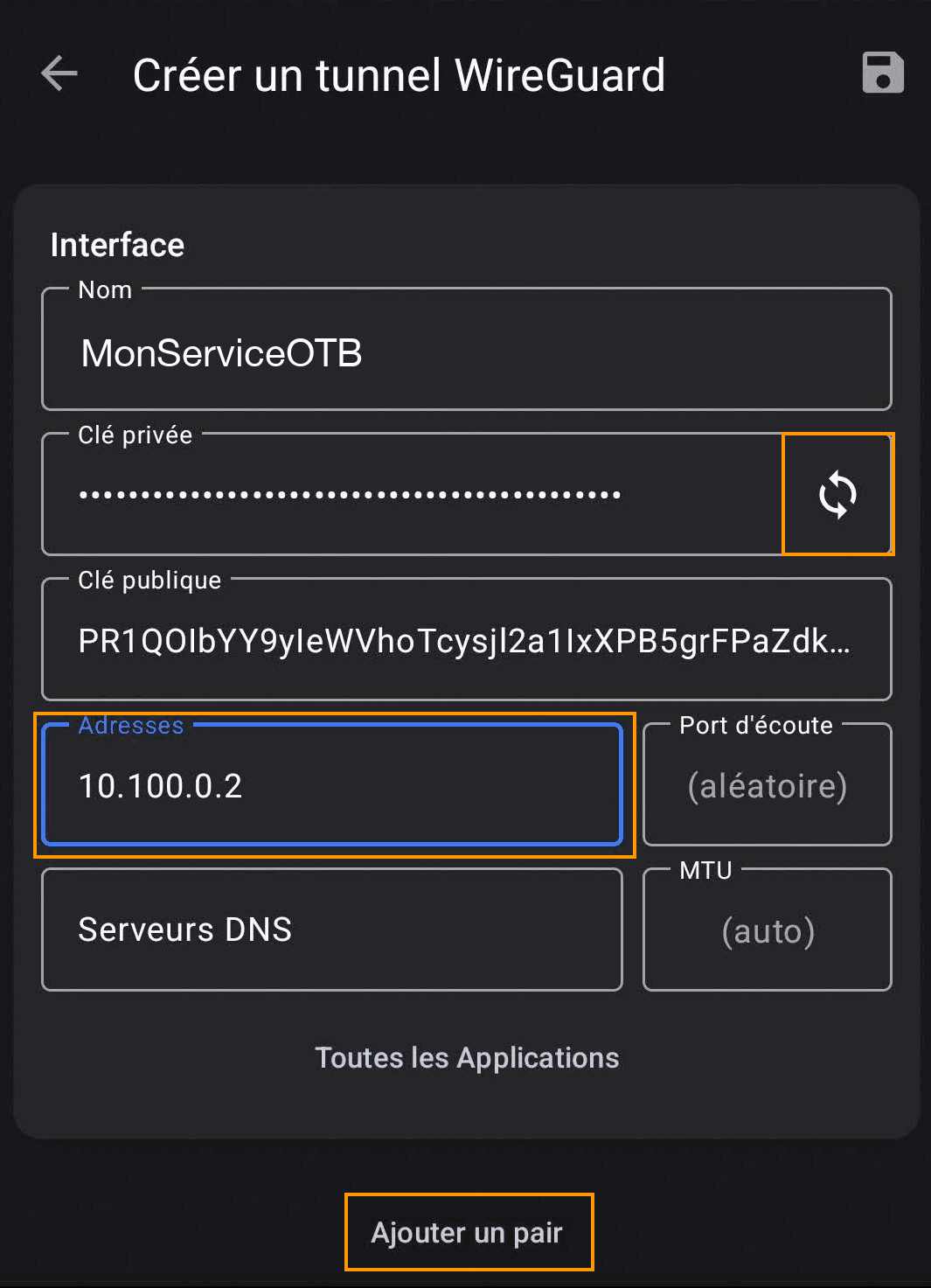 Configuration de l'interface WireGuard sur Android