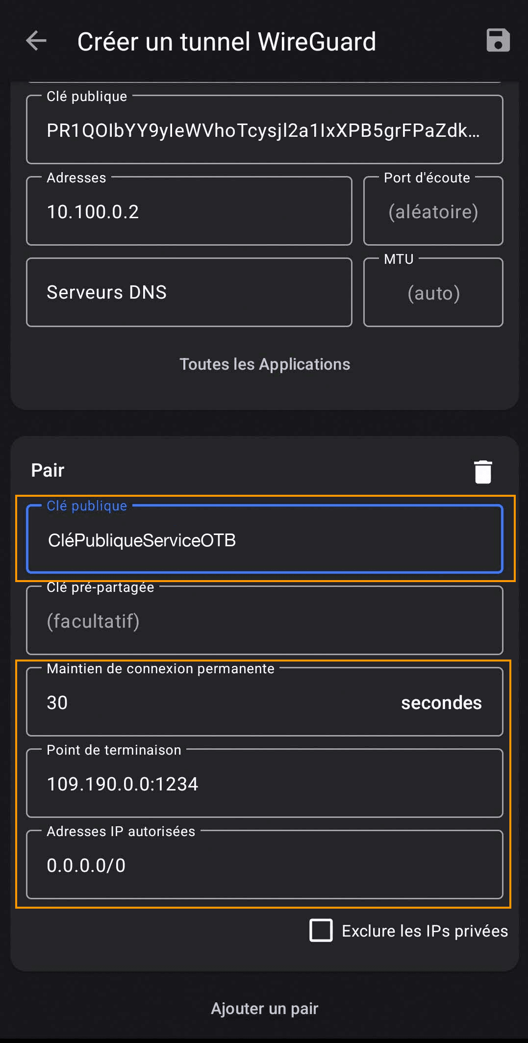 Configuration du pair WireGuard sur Android