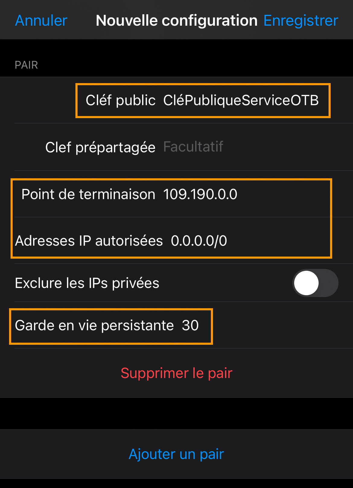 Configuration du pair WireGuard sur iOS