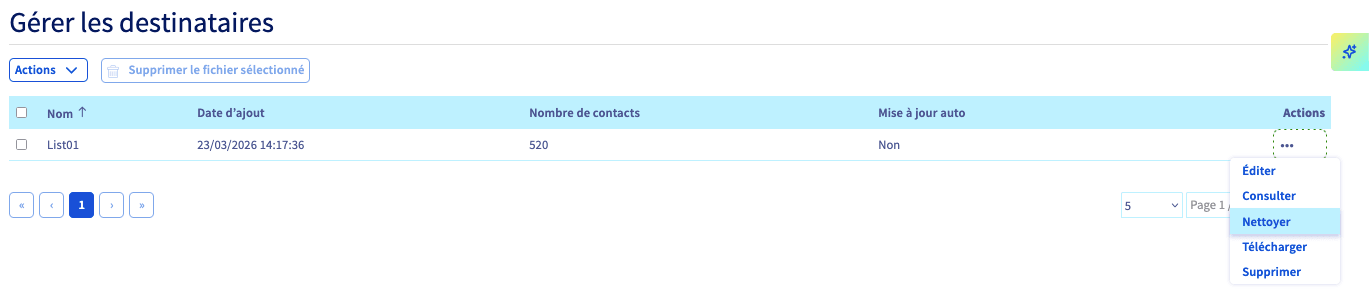 Sélection du carnet de contacts à nettoyer