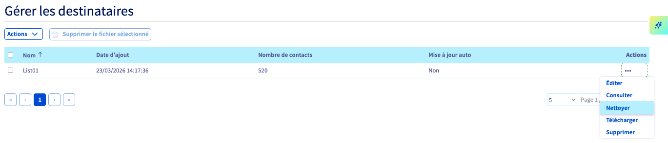 Sélection du carnet de contacts à nettoyer