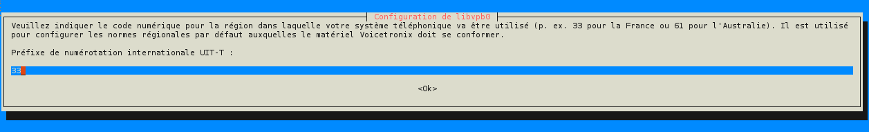 Saisie du préfixe international lors de l'installation
