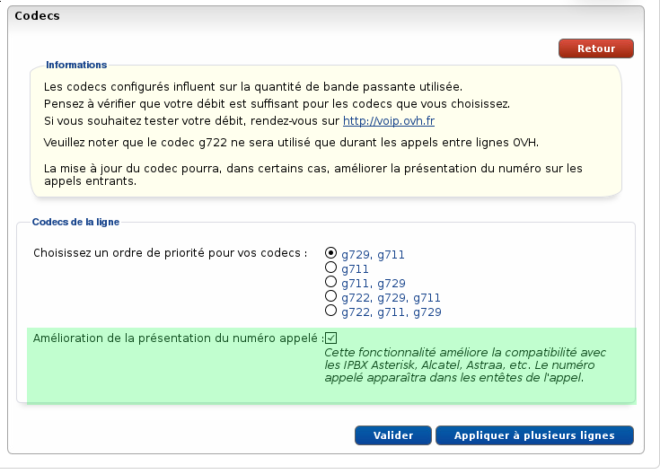 Activation de la présentation du numéro appelé