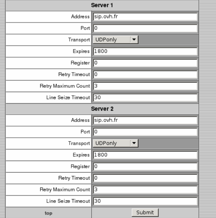 Configuration des serveurs SIP Server 1 et Server 2