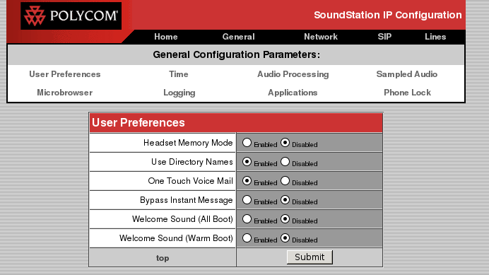 Page d'accueil de l'interface web Polycom