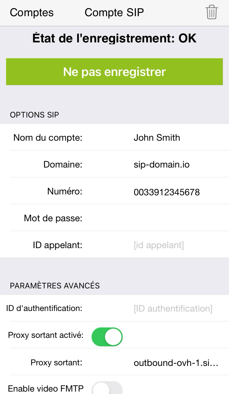 zoiper - iOS - informations SIP