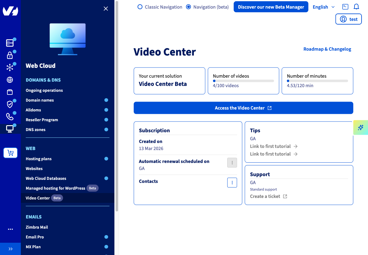 Video Center page in the OVHcloud Control Panel showing video and minute counters