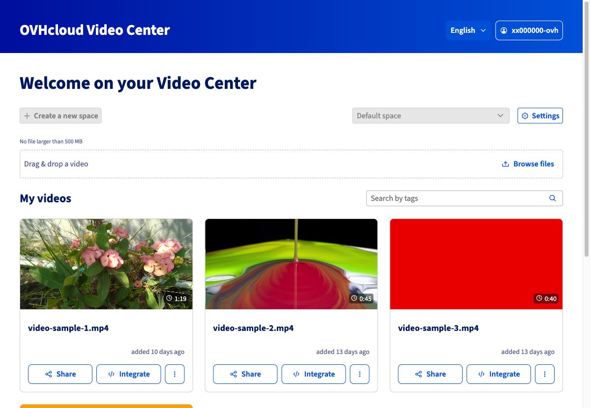 Main Video Center interface showing the import area and video list