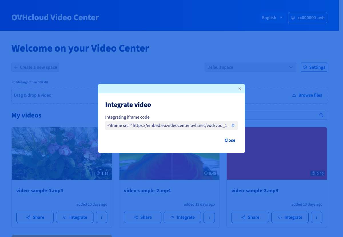 Iframe integration window showing the code to copy