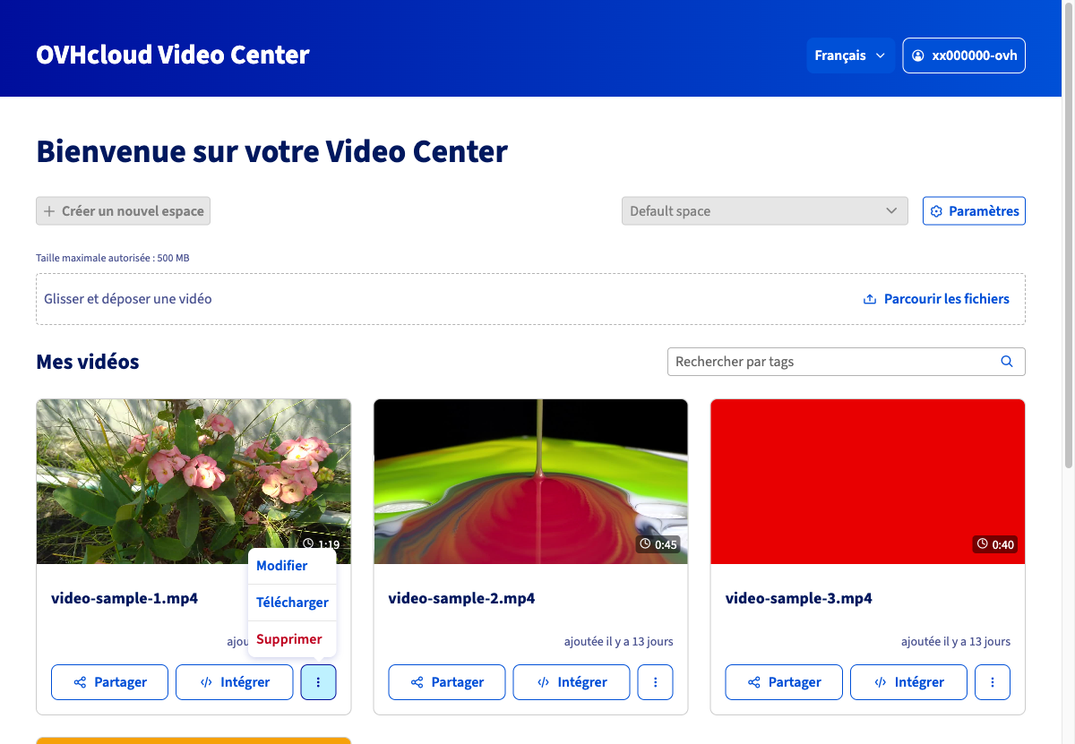 Menu d'actions avec les options Modifier, Télécharger et Supprimer
