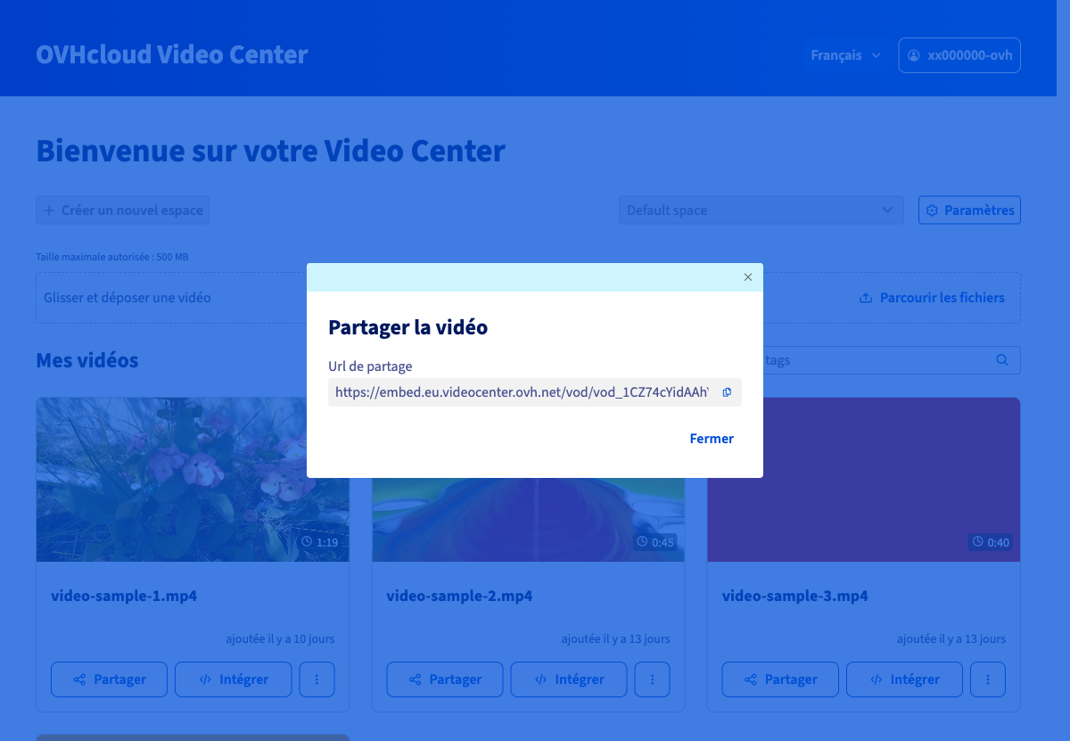 Fenêtre de partage affichant l'URL de partage de la vidéo
