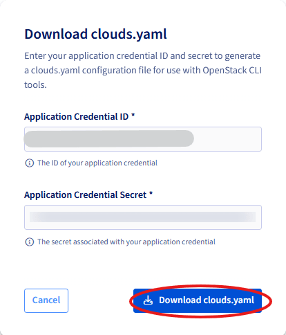 Download clouds.yaml form with the fields to fill in