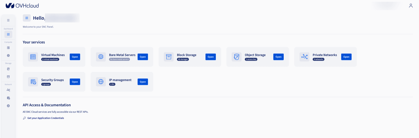 Manager dashboard showing the service tiles and the Get your Application Credentials link