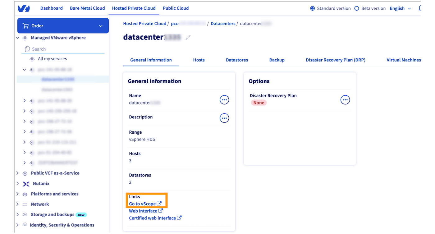 General information tab with vScope