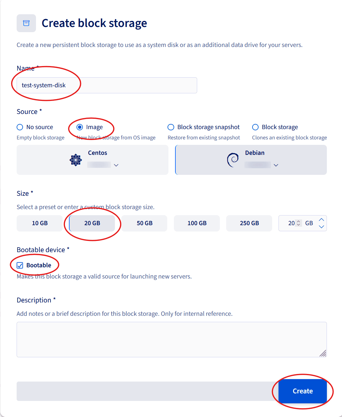 Block storage creation form with image and size selection