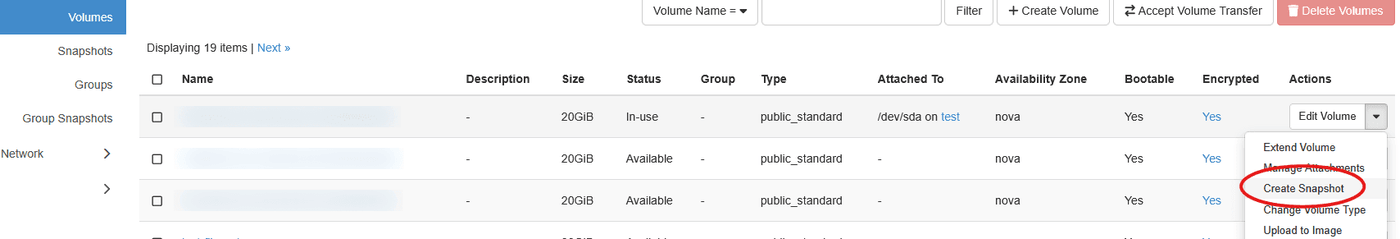 Create Snapshot action on the volume