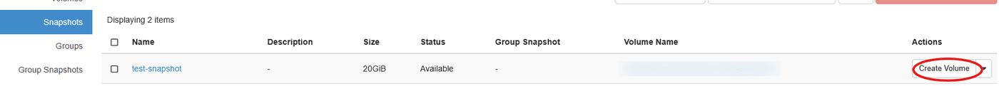 Snapshots menu with the create volume action