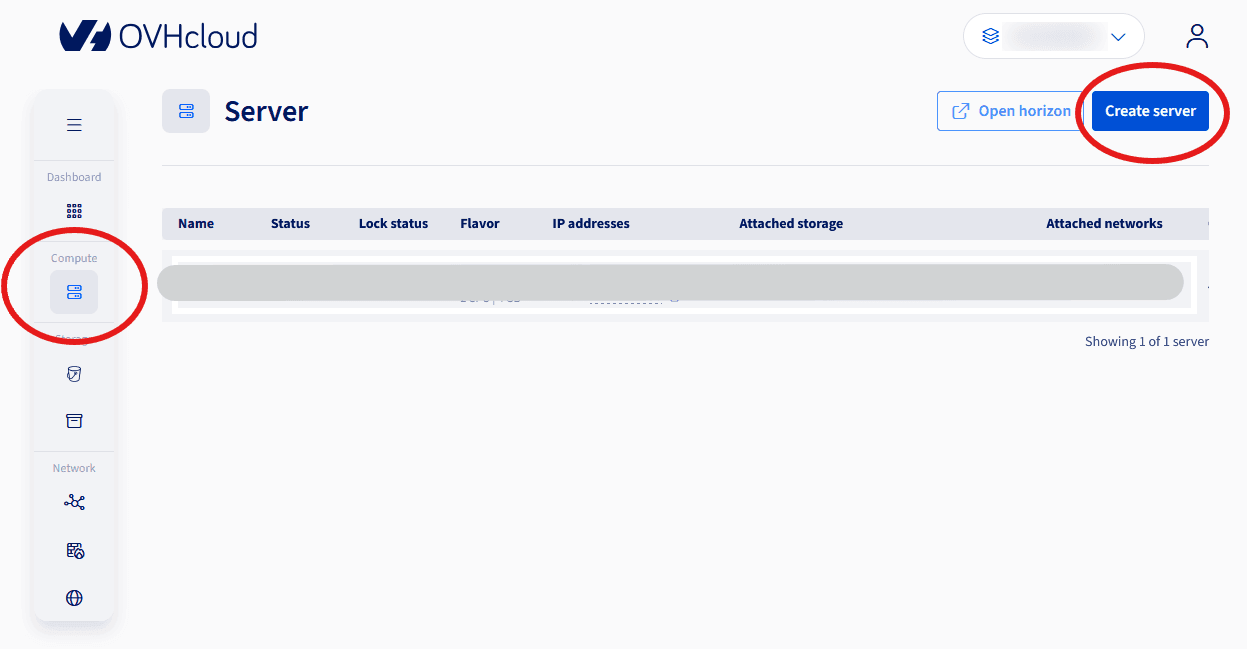 Create server button in the Compute section of the SNC Regional Panel