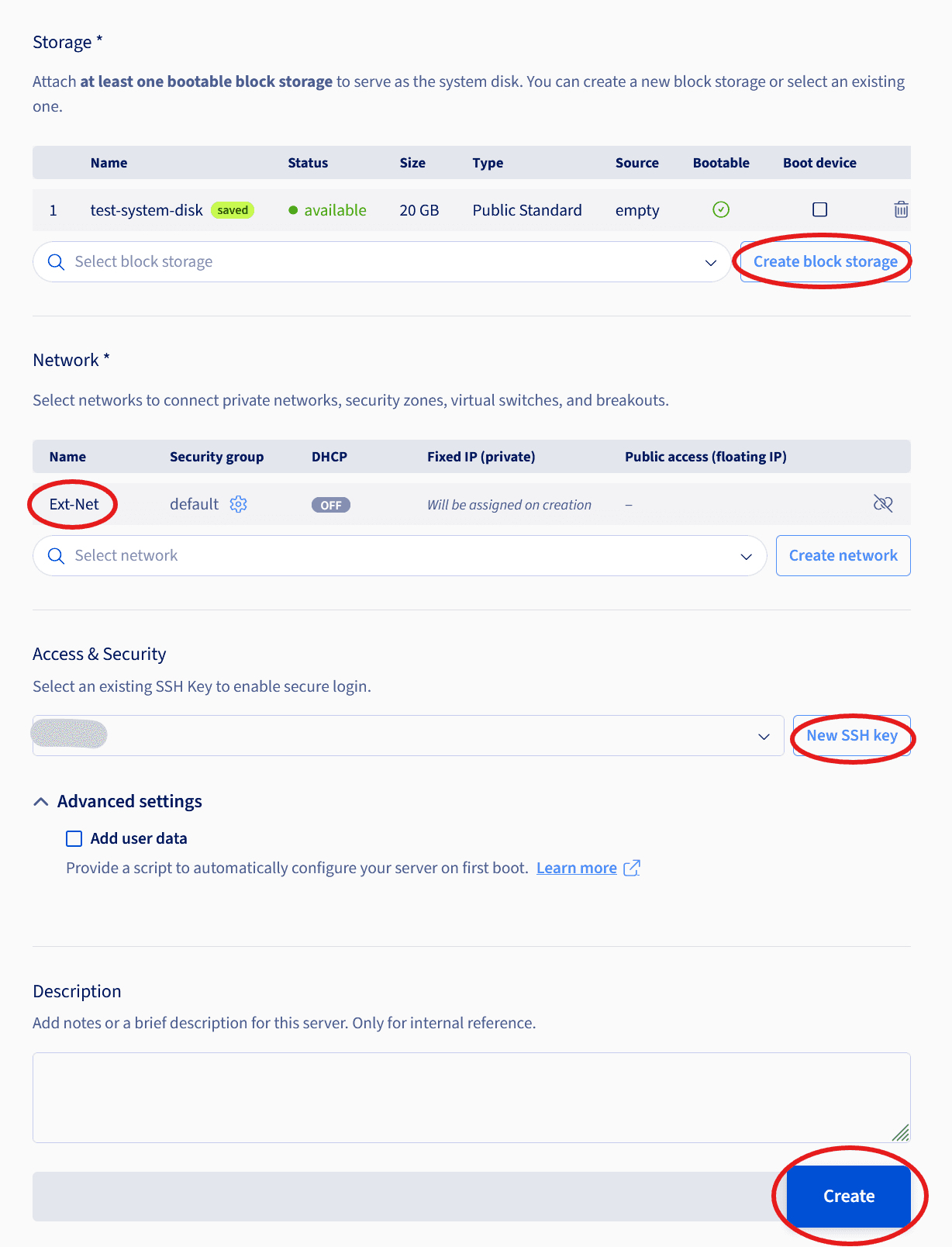 Network and SSH key selection before creating the instance