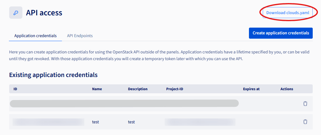 List of application credentials with the new application