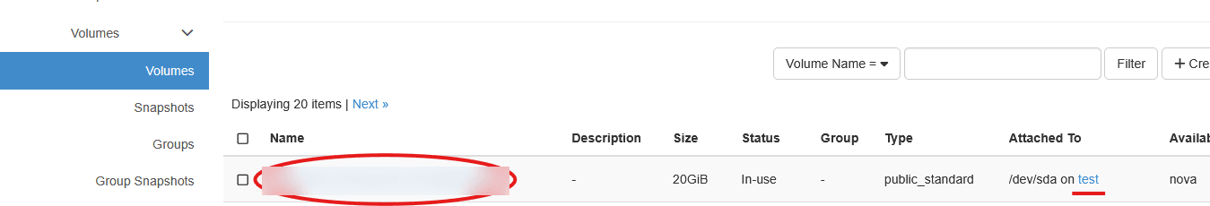 Volumes menu with the volume attached to the instance