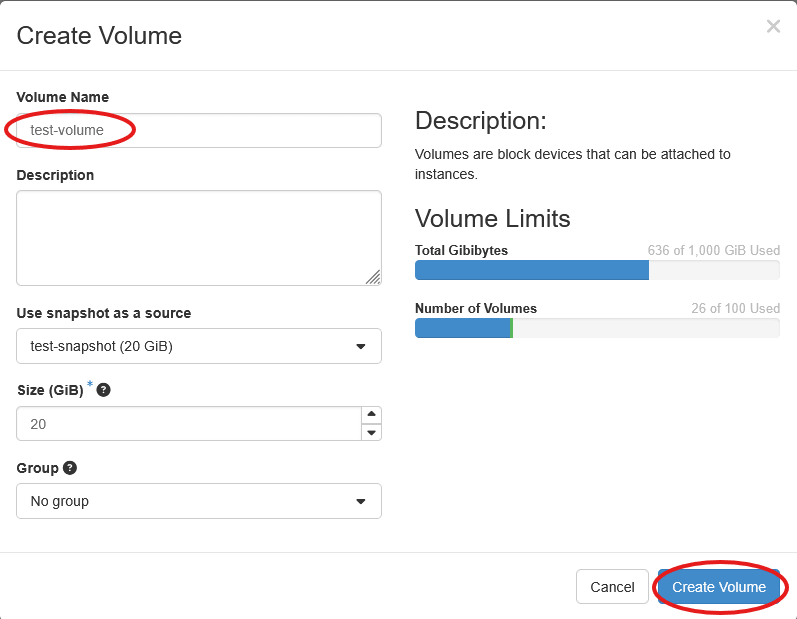 Volume creation from snapshot form